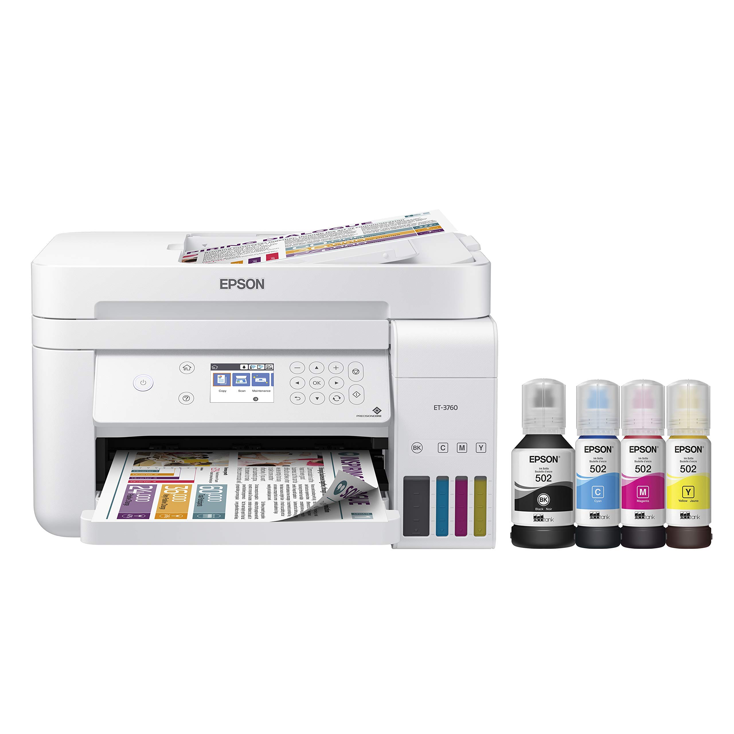 Epson EcoTank ET-3760 Wireless Color All-in-One Cartridge-Free Supertank Printer with Scanner, Copier and Ethernet, Regular (Renewed)