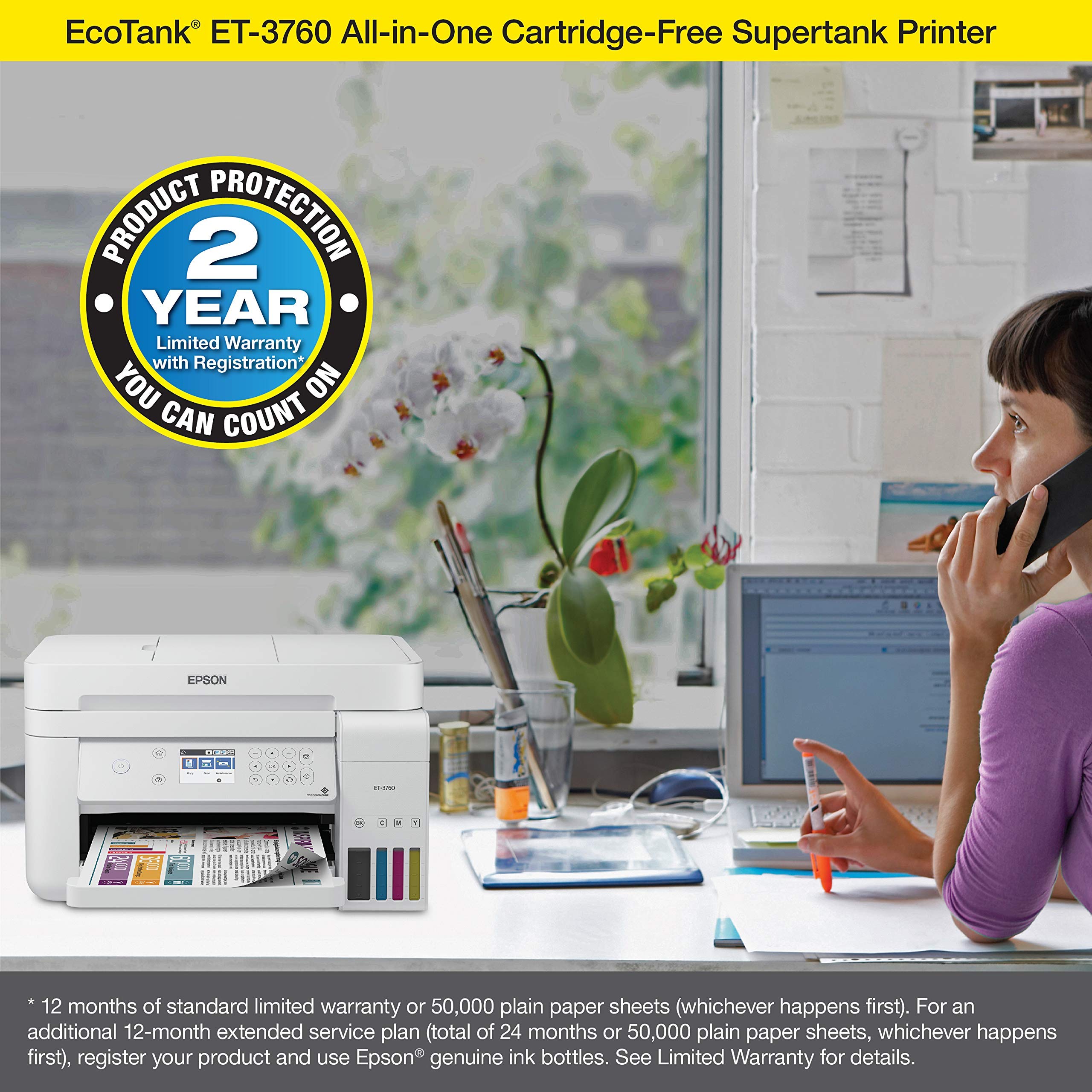 Epson EcoTank ET-3760 Wireless Color All-in-One Cartridge-Free Supertank Printer with Scanner, Copier and Ethernet, Regular (Renewed)