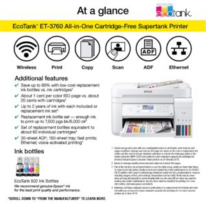 Epson EcoTank ET-3760 Wireless Color All-in-One Cartridge-Free Supertank Printer with Scanner, Copier and Ethernet, Regular (Renewed)