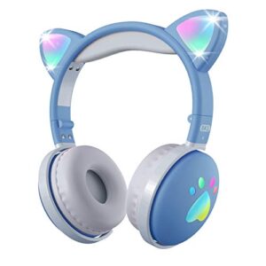 Kids Cat Ear Headphones,Aresrora Bluetooth Wireless Headphones Over-Ear with Flashing Led Light, Foldable with Microphone 3.5MM Jack Bluetooth 5.0 Kids Boys Girls Friends for iPhone/iPad/PC (Blue)