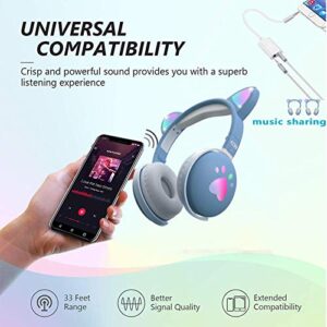 Kids Cat Ear Headphones,Aresrora Bluetooth Wireless Headphones Over-Ear with Flashing Led Light, Foldable with Microphone 3.5MM Jack Bluetooth 5.0 Kids Boys Girls Friends for iPhone/iPad/PC (Blue)