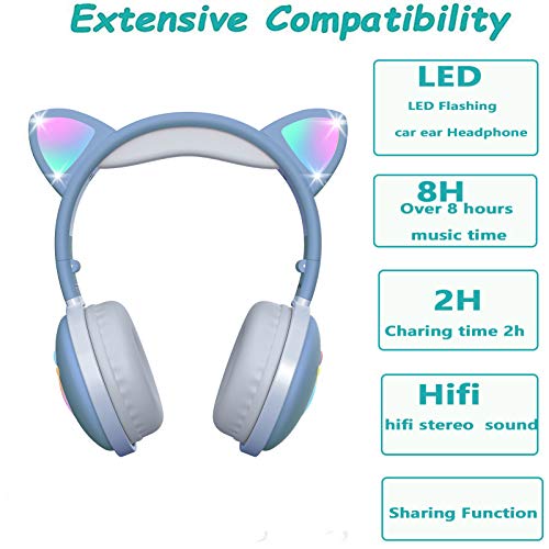 Kids Cat Ear Headphones,Aresrora Bluetooth Wireless Headphones Over-Ear with Flashing Led Light, Foldable with Microphone 3.5MM Jack Bluetooth 5.0 Kids Boys Girls Friends for iPhone/iPad/PC (Blue)