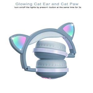 Kids Cat Ear Headphones,Aresrora Bluetooth Wireless Headphones Over-Ear with Flashing Led Light, Foldable with Microphone 3.5MM Jack Bluetooth 5.0 Kids Boys Girls Friends for iPhone/iPad/PC (Blue)