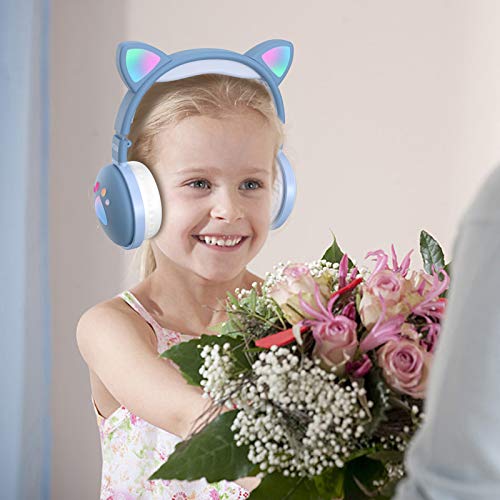 Kids Cat Ear Headphones,Aresrora Bluetooth Wireless Headphones Over-Ear with Flashing Led Light, Foldable with Microphone 3.5MM Jack Bluetooth 5.0 Kids Boys Girls Friends for iPhone/iPad/PC (Blue)