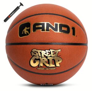 and1 street grip premium composite leather basketball & pump- official size 7 (29.5”) streetball, made for indoor and outdoor basketball games (orange)