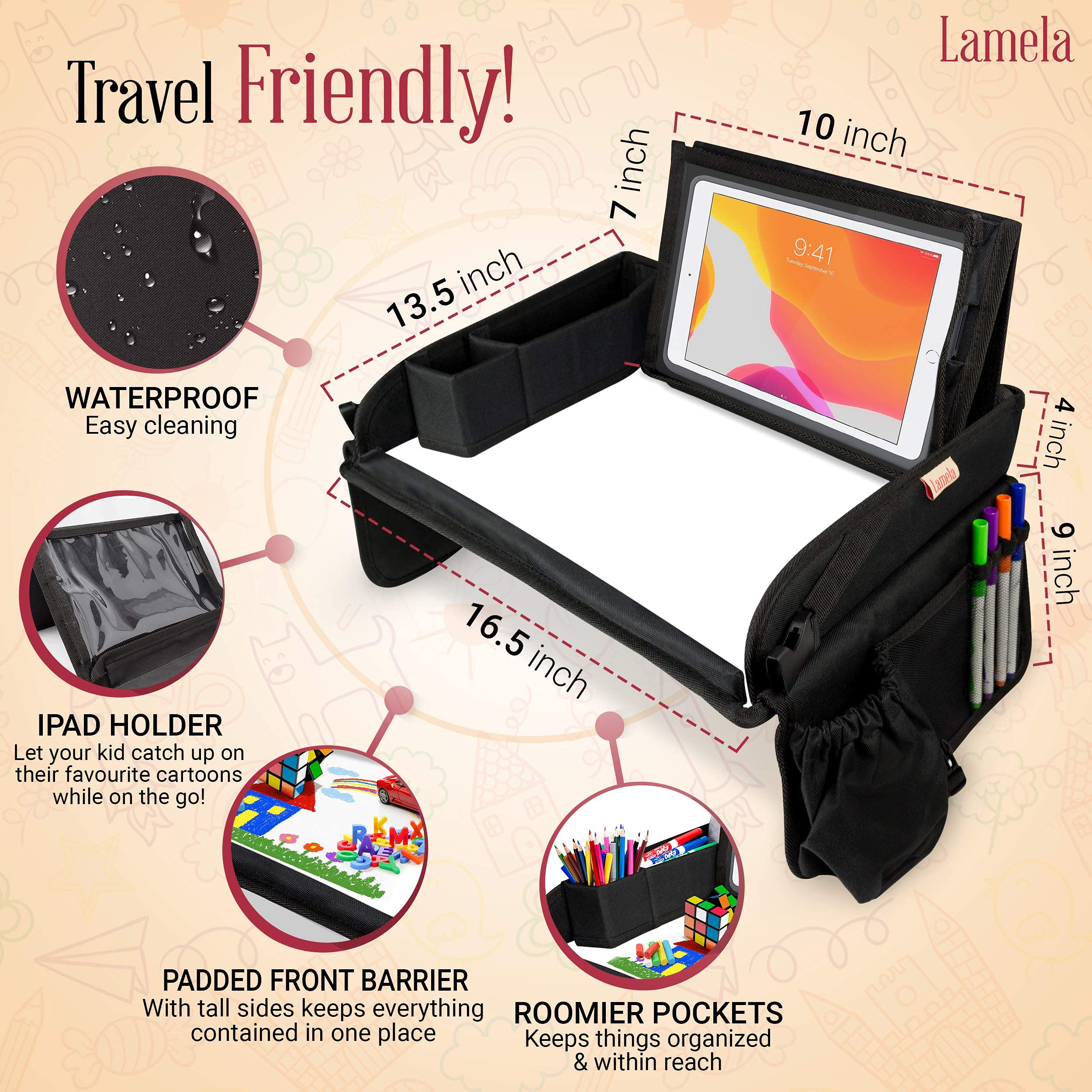 Lamela Kids Travel Tray - Kids Car Seat Lap Tray for Toddler & Kids Car Seat Activities - Learn, Play & Draw with Sturdy Dry Erase Board, Pockets for Cups, Tablet Holder Stand & Kids Stuff Organizer