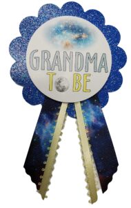 galaxy baby shower pins for family to wear at gender reveal outer space theme rockets it's a boy sprinkle (grandma pin)