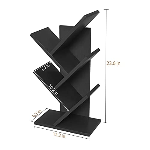 Topfurny Tree Bookshelf, 4-Tier Book Storage Organizer Shelves Floor Standing Bookcase, Wood Storage Rack for Office Home School Shelf Display for Cd/Magazine/Book -Black