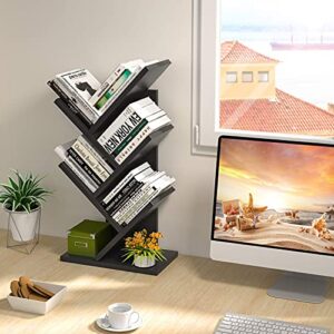 Topfurny Tree Bookshelf, 4-Tier Book Storage Organizer Shelves Floor Standing Bookcase, Wood Storage Rack for Office Home School Shelf Display for Cd/Magazine/Book -Black