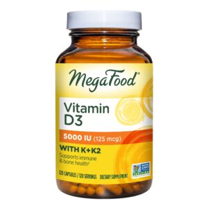 megafood vitamin d3 5000 iu (125 mcg) - vegetarian vitamin d supplements with vitamin d3 k2, supports bones, teeth, muscles & immune health, certified non-gmo - 120 mini capsules, 120 servings