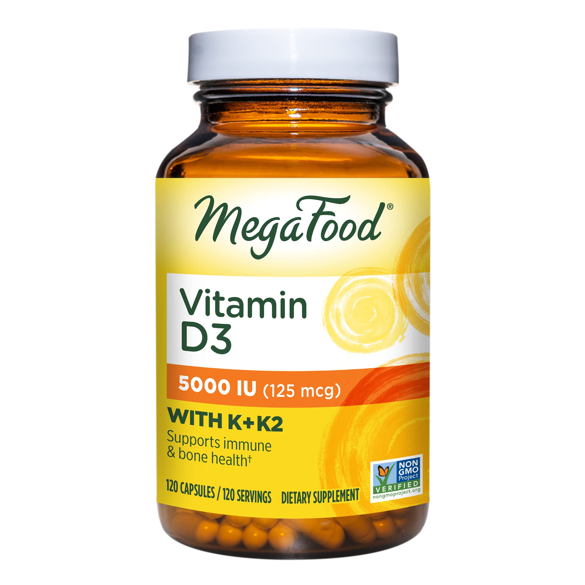 MegaFood Vitamin D3 5000 IU (125 mcg) - Vegetarian Vitamin D Supplements with Vitamin D3 K2, Supports Bones, Teeth, Muscles & Immune Health, Certified Non-GMO - 120 Mini Capsules, 120 Servings