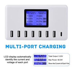 USB Charger, slitinto 60W 12A 8-Port USB Charging Station Multi Port USB Hub Charger Compact Size LCD Display Compatible with iPhone iPad Samsung Kindle Tablet Bluetooth Earbuds and More