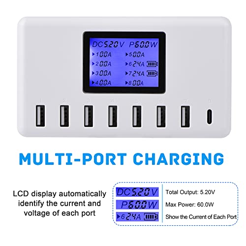 USB Charger, slitinto 60W 12A 8-Port USB Charging Station Multi Port USB Hub Charger Compact Size LCD Display Compatible with iPhone iPad Samsung Kindle Tablet Bluetooth Earbuds and More