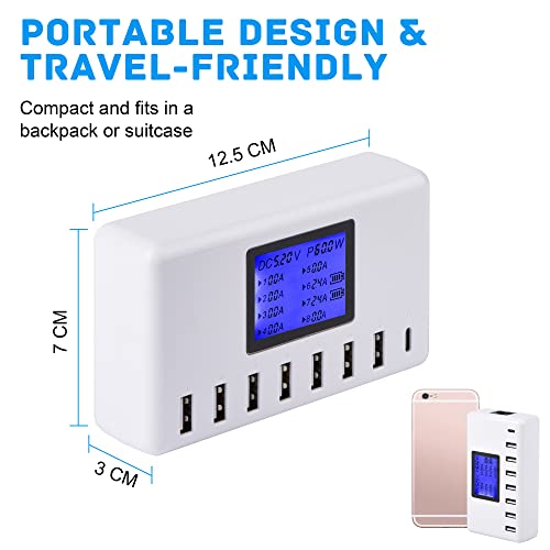USB Charger, slitinto 60W 12A 8-Port USB Charging Station Multi Port USB Hub Charger Compact Size LCD Display Compatible with iPhone iPad Samsung Kindle Tablet Bluetooth Earbuds and More