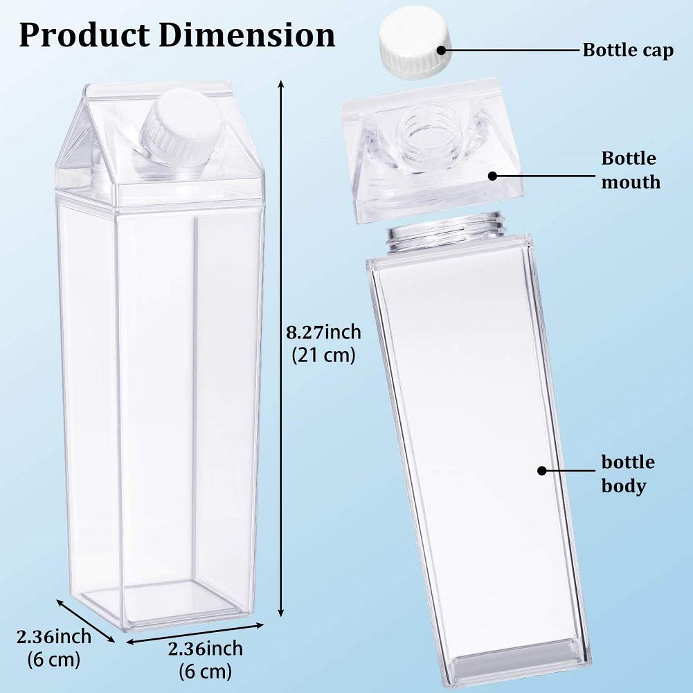 Milk Carton Water Bottle 17oz (500mL) Plastic Clear Square, No BPA Leakproof Portable Reusable Milk Carton Shaped Juice Bottle Perfect for Fitness Gym Camping Sports