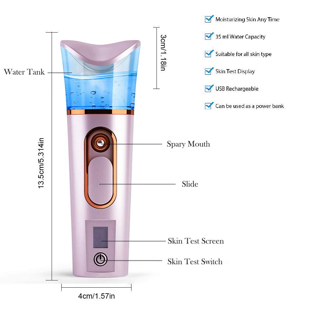 Nano Facial Mister with Skin Analyzer Moisture Tester, FANTEXY Portable Mini Cool Face Mist Steamer with USB, Handy Facial Sprayer for Eyelash Extensions, Face Moisturizing,Hydration Refreshing