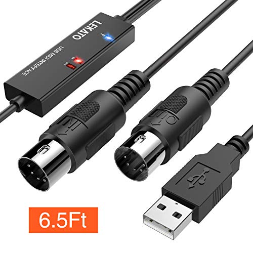 LEKATO USB MIDI Cable, MIDI to USB Cable 6.5Ft with Input & Output Connecting with Keyboard, Synthesizer for Editing & Recording, Midi to USB for Laptop Computer Windows and Mac