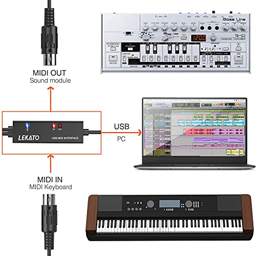 LEKATO USB MIDI Cable, MIDI to USB Cable 6.5Ft with Input & Output Connecting with Keyboard, Synthesizer for Editing & Recording, Midi to USB for Laptop Computer Windows and Mac