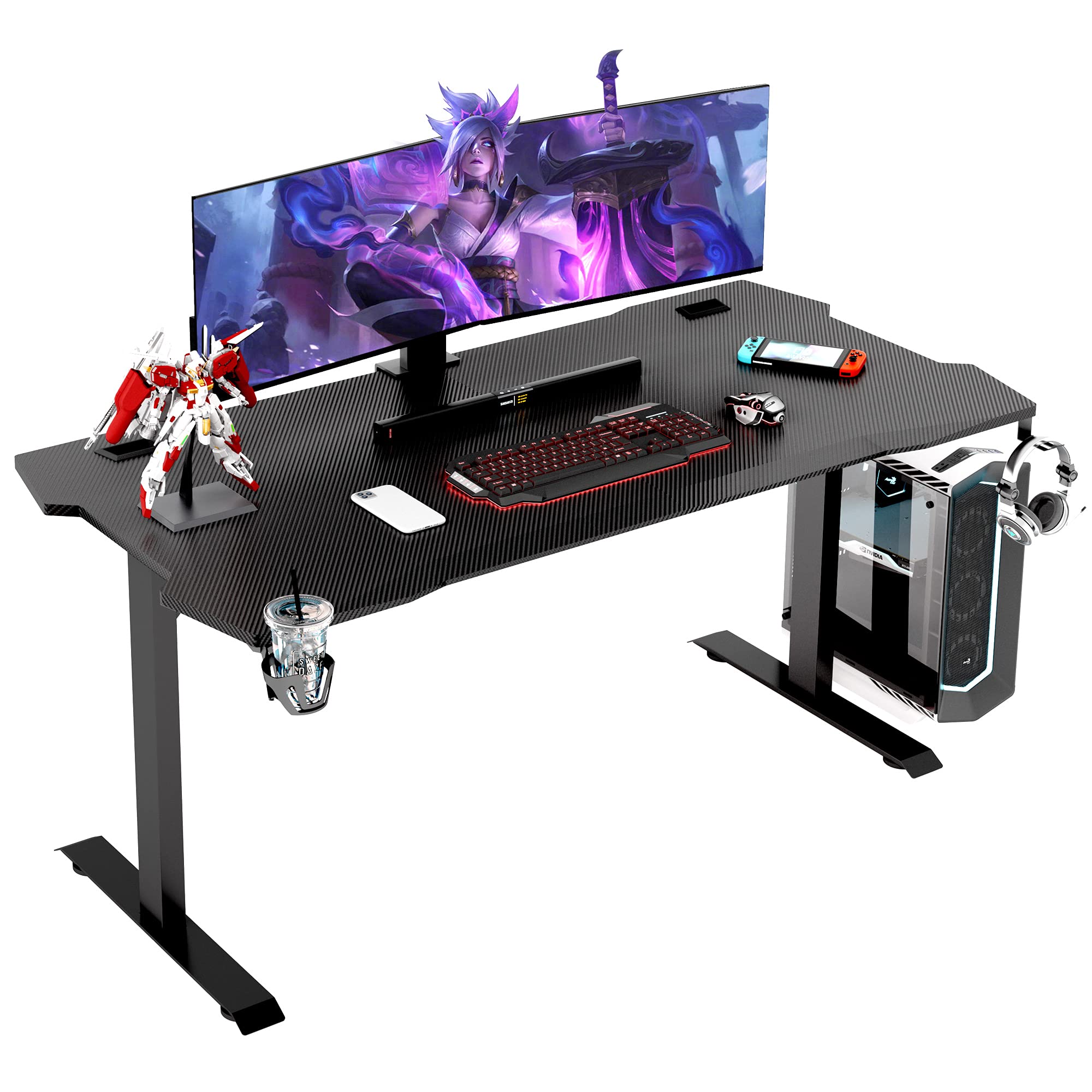 GALAXHERO 55“ Large Gaming Desk, Professional Gamer Computer Desk with Headphone Hook and Cup Holder, Home Office PC Workstation for E-Sports Use, Free XL Mouse Pad, Black, GX-SD