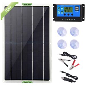 dongzhur solar panel kit, 10w 12v monocrystalline battery charger & maintainer with 10a charge controller + extension cable for rv marine boat off grid system, 18v dc output for portable cell phone