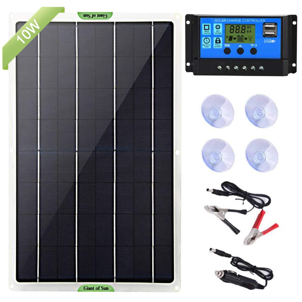 Dongzhur Solar Panel Kit, 10W 12V Monocrystalline Battery Charger & Maintainer with 10A Charge Controller + Extension Cable for RV Marine Boat Off Grid System, 18V DC Output for Portable Cell Phone