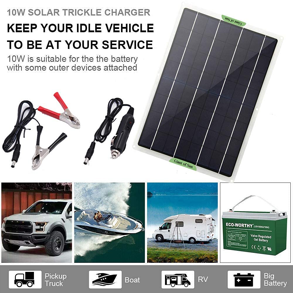 Dongzhur Solar Panel Kit, 10W 12V Monocrystalline Battery Charger & Maintainer with 10A Charge Controller + Extension Cable for RV Marine Boat Off Grid System, 18V DC Output for Portable Cell Phone