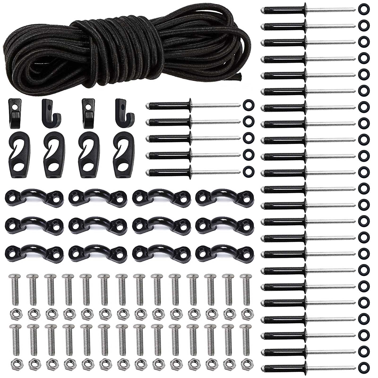 Deck Rigging Kit Accessory - 19.7 FT Bungee Cord with Deck Loops Tie Down Pad Eyes and J - Hooks and Bungee Cord Hook Screws & Rivets for Kayaks Canoes Boat