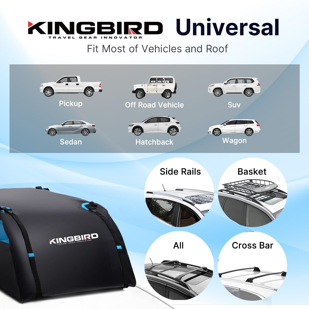 KING BIRD Aerodynamic Rooftop Cargo Carrier Bag, 20 Cubic Feet Car Waterproof Roof Bag for All Vehicles with/Without Rack, Includes Anti-Slip Mat, 8 Reinforced Straps, 4 Door Hooks, Luggage Lock