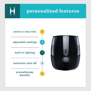 Homedics TotalComfort Plus Humidifier – Large Air Humidifiers for Bedroom, Plants – Top-Fill 5.3L Water Tank with Cool and Warm Mist, Essential Oil Pads, Colored Night-Light, Black