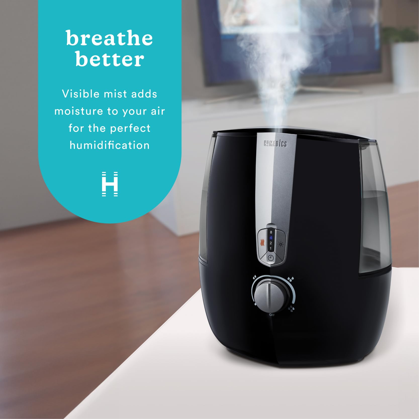 Homedics TotalComfort Plus Humidifier – Large Air Humidifiers for Bedroom, Plants – Top-Fill 5.3L Water Tank with Cool and Warm Mist, Essential Oil Pads, Colored Night-Light, Black