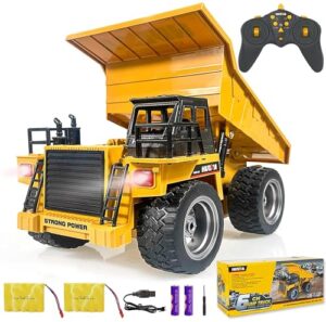 remote control construction dump truck toy 2.4g rc 6 channel bulldozer 4 wheel driver mine construction alloy metal vehicle truck 1:18 with 2 rechargeable batteries for boys birthday xmas gift