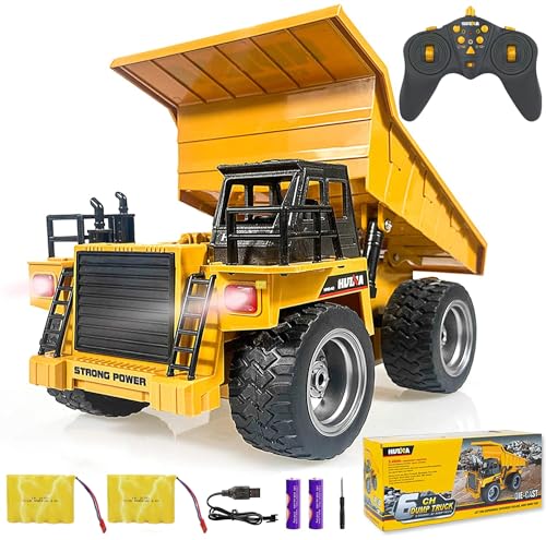 Remote Control Construction Dump Truck Toy 2.4G RC 6 Channel Bulldozer 4 Wheel Driver Mine Construction Alloy Metal Vehicle Truck 1:18 with 2 Rechargeable Batteries for Boys Birthday Xmas Gift