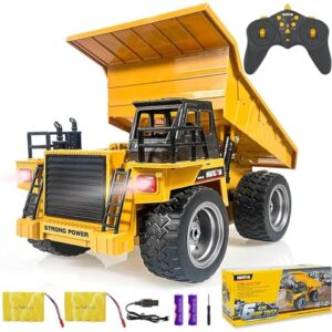 Remote Control Construction Dump Truck Toy 2.4G RC 6 Channel Bulldozer 4 Wheel Driver Mine Construction Alloy Metal Vehicle Truck 1:18 with 2 Rechargeable Batteries for Boys Birthday Xmas Gift