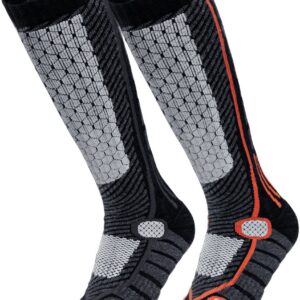 TSLA Men and Women Winter Ski Socks, Calf Compression Snowboard Socks, Warm Thermal Socks for Cold Weather, 2pairs Black/Black & Orange, Medium