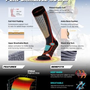 TSLA Men and Women Winter Ski Socks, Calf Compression Snowboard Socks, Warm Thermal Socks for Cold Weather, 2pairs Black/Black & Orange, Medium