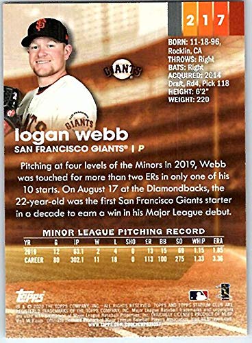 2020 Topps Stadium Club #217 Logan Webb NM-MT RC Rookie San Francisco Giants Baseball