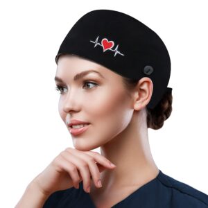 qba adjustable working cap with button, cotton working hat sweatband, elastic bandage tie back hats for women & men, one size - black with ecg