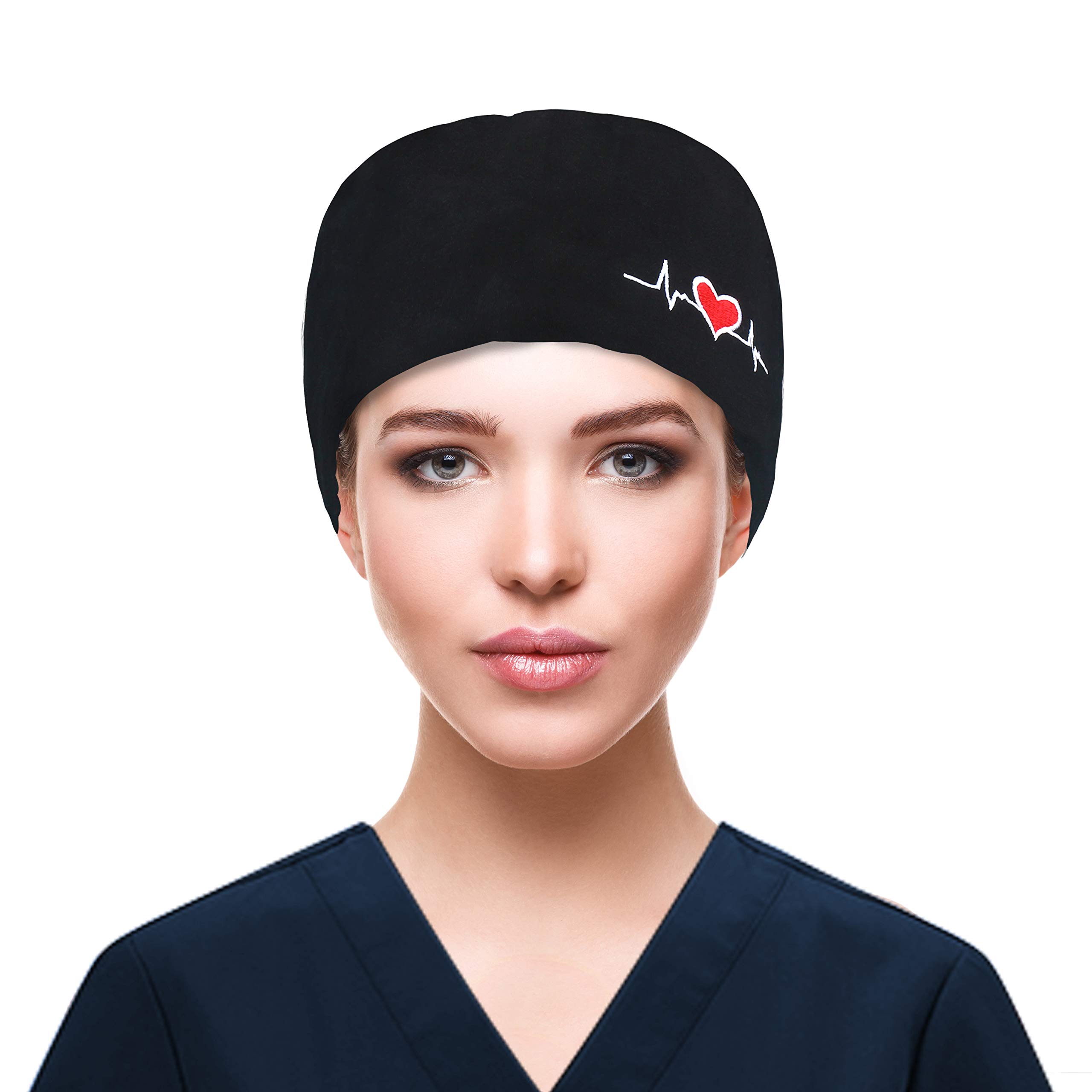 QBA Adjustable Working Cap with Button, Cotton Working Hat Sweatband, Elastic Bandage Tie Back Hats for Women & Men, One Size - Black with ECG