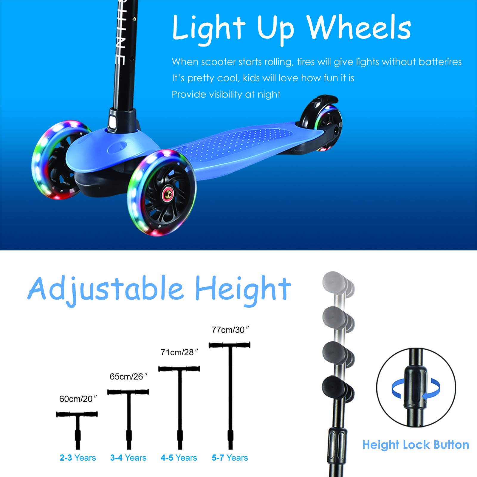 3 Wheels Toddler Scooter for Boys Girls Kick Scooter for Kids Age 2-5 Years Old, PU Light Up Wheels, Adjustable Handlebar, Lean to Steer, Extra Wide Deck, Blue