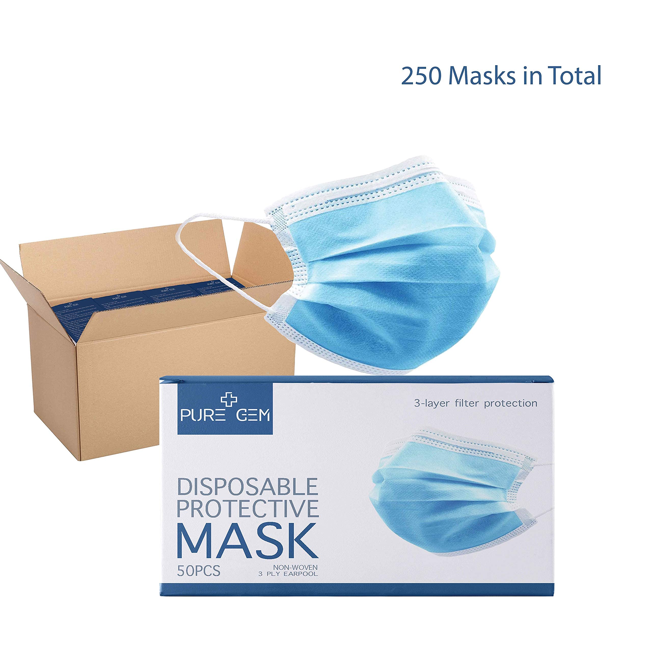 [250 Masks] Disposable Face Mask, 3-Ply Adult Masks, Single Use Facial Cover with Elastic Earloops For Home, Office, School, and Outdoors