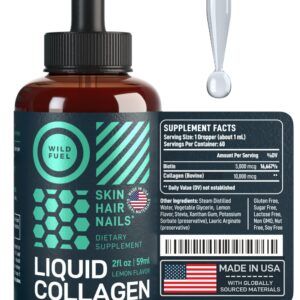 Liquid Collagen Peptides with Biotin Vitamins for Hair Skin and Nails - Biotin and Collagen Supplements - 10,000mcg Liquid Collagen for Women and Men 5,000mcg Biotin - Lemon Flavor, 2-Month - 2 oz