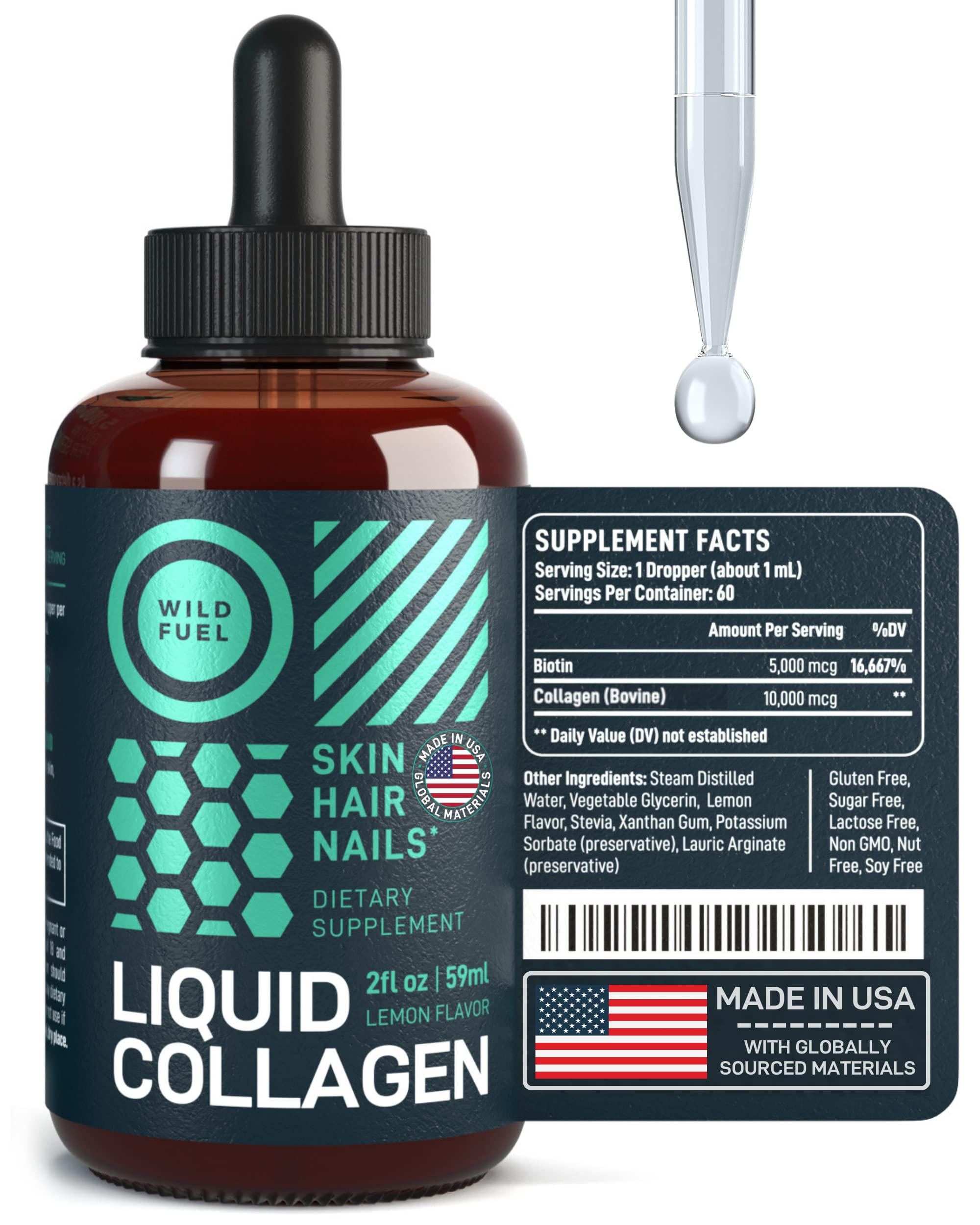 Liquid Collagen Peptides with Biotin Vitamins for Hair Skin and Nails - Biotin and Collagen Supplements - 10,000mcg Liquid Collagen for Women and Men 5,000mcg Biotin - Lemon Flavor, 2-Month - 2 oz