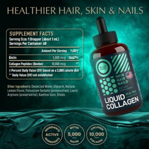 Liquid Collagen Peptides with Biotin Vitamins for Hair Skin and Nails - Biotin and Collagen Supplements - 10,000mcg Liquid Collagen for Women and Men 5,000mcg Biotin - Lemon Flavor, 2-Month - 2 oz