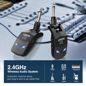 LEKATO Wireless Guitar System 2.4Ghz Audio Wireless Transmitter Receiver with 4 Channels for Electric Guitar and Bass Rechargeable Guitar Wireless Transmitter and Receiver for Electric Instruments