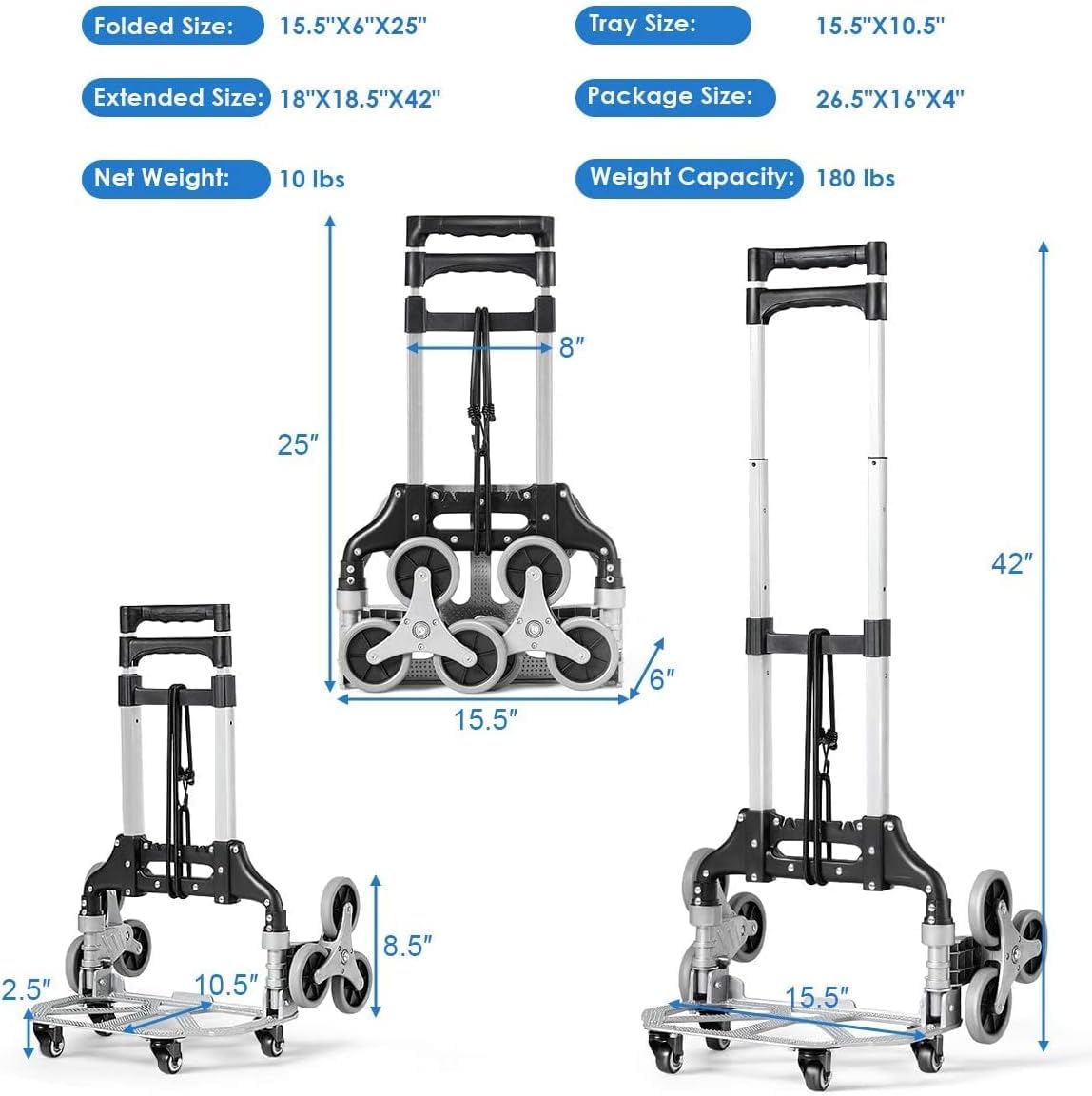 Happygrill Stair Climbing Cart Hand Truck with Bungee Cord, Portable Folding Trolley with Adjustable Handle for Cargo Transportation