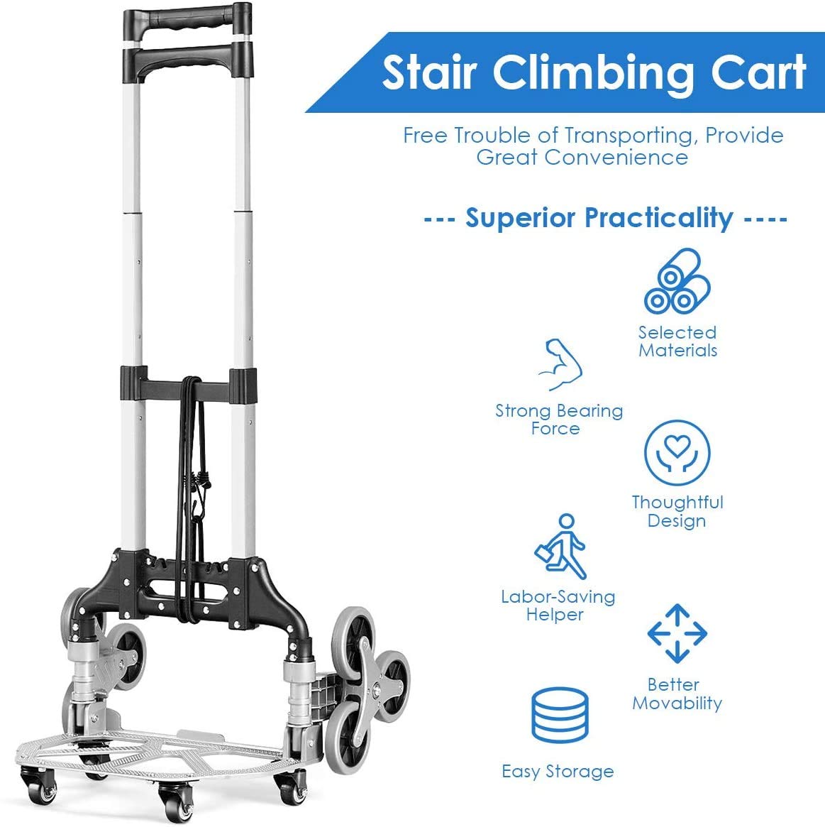 Happygrill Stair Climbing Cart Hand Truck with Bungee Cord, Portable Folding Trolley with Adjustable Handle for Cargo Transportation