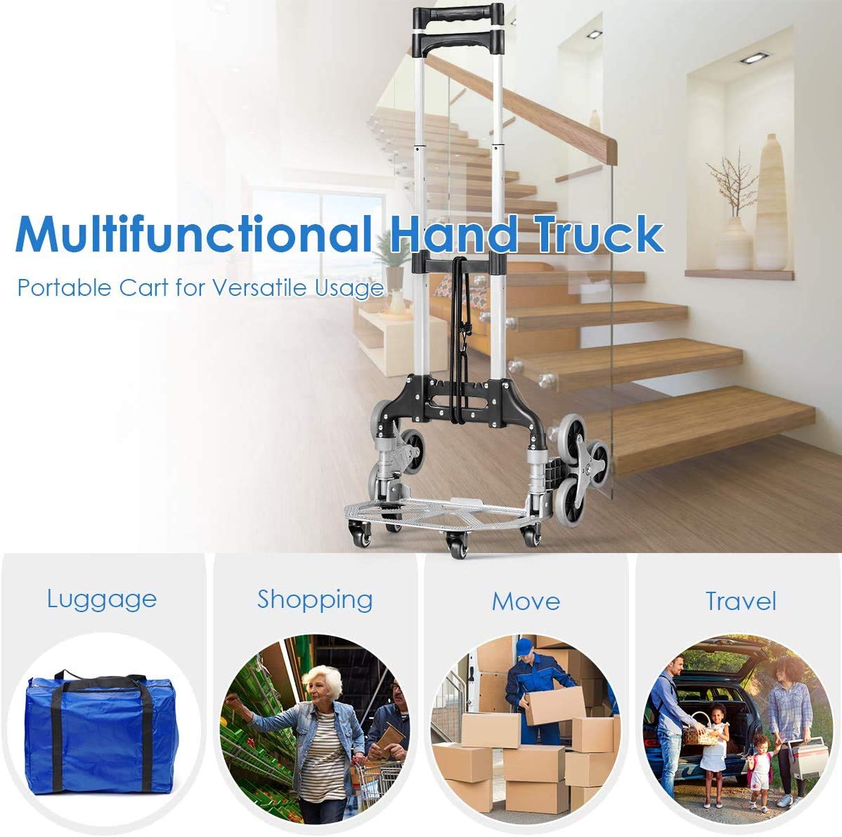 Happygrill Stair Climbing Cart Hand Truck with Bungee Cord, Portable Folding Trolley with Adjustable Handle for Cargo Transportation