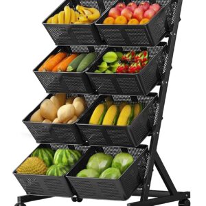 asunflower Kitchen Baskets Storage Cart 4 Tier Rolling Cart with Wheels Metal Fruit Baskets Rack Utility Organzier Cart with Push Handle Wire Fruit Vegetable Stand, Black