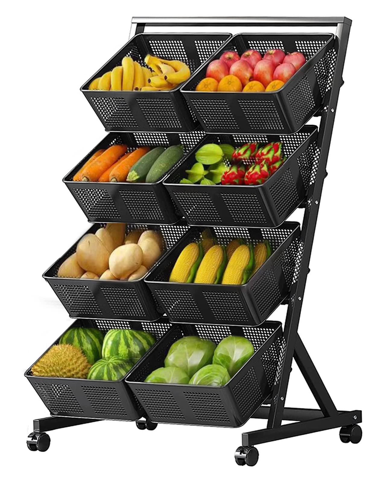 asunflower Kitchen Baskets Storage Cart 4 Tier Rolling Cart with Wheels Metal Fruit Baskets Rack Utility Organzier Cart with Push Handle Wire Fruit Vegetable Stand, Black