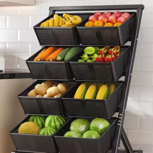 asunflower Kitchen Baskets Storage Cart 4 Tier Rolling Cart with Wheels Metal Fruit Baskets Rack Utility Organzier Cart with Push Handle Wire Fruit Vegetable Stand, Black